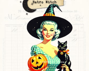 Retro Witch with Black Cat PNG: Halloween Clip Art (Digital Download)