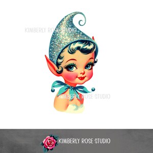 May include: A vintage-style illustration of a pixie with a glittery blue hat and matching bow. The pixie has rosy cheeks, red ears, and bright blue eyes. The text "KIMBERLY ROSE STUDIO" is visible.