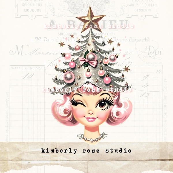 Kitschy Christmas Girl Clip Art: Glitter Tree, Retro Kitschmas (PNG Image)