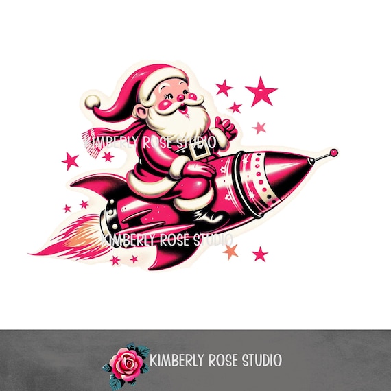 ロケットに乗るレトロなサンタのクリップアート：アトミッククリスマス