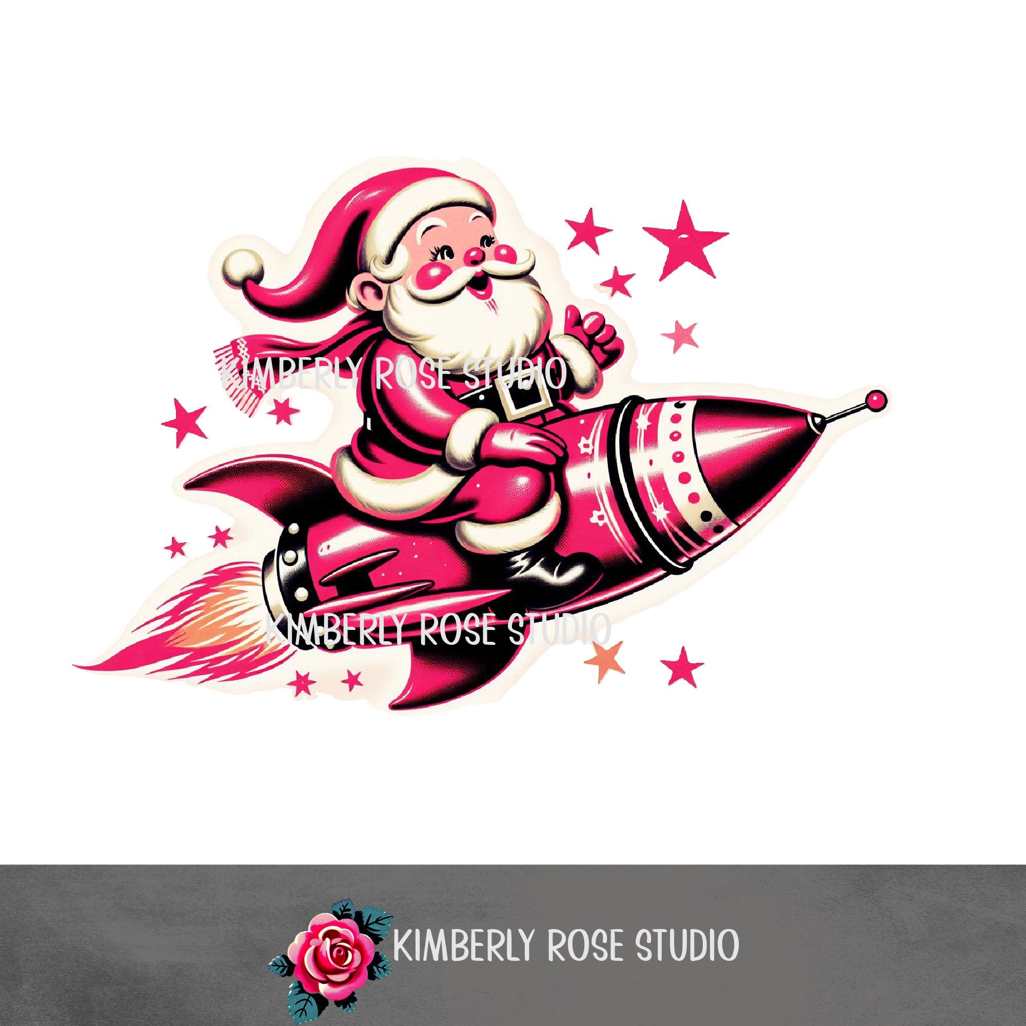 ロケットに乗るレトロなサンタのクリップアート：アトミッククリスマス