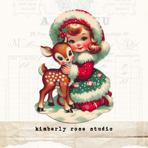 Fille de Noël kitsch rétro serrant dans ses bras renne Clip Art pour collage/Journal indésirable/découpes difficiles/Image PNG/Noël Clip Art No 2/Kitschmas