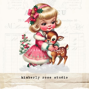 Fille de Noël kitsch rétro serrant dans ses bras renne Clip Art pour collage/Journal indésirable/découpes difficiles/Image PNG/Noël Clip Art n° 5 /Kitschmas
