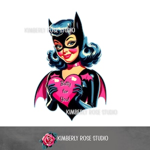 May include: A woman dressed as a bat with black wings and a black mask holds a pink heart that says "Batty for You!"