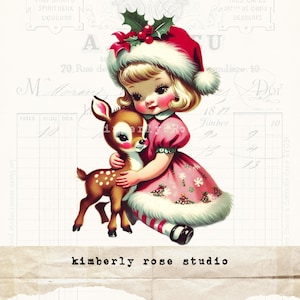 Clip art de niña abrazando renos de estilo kitsch retro para collage, diario basura, recortes quisquillosos, imagen PNG, clip art navideño n.° 1, Kitschmas