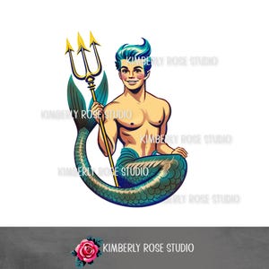 Kitsch Retro Merman holding a Trident Clip Art PNG Image