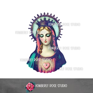 Shabby Vintage Mother Mary Sacred Heart Halo Crown PNG-afbeelding/religieuze illustraties/illustraties heilig hart