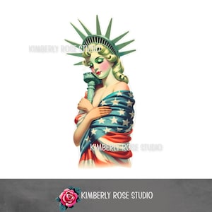 Clip Art da Senhora Liberdade retrô envolta em bandeira americana/Clip Art de 4 de julho/Retrô de 4 de julho/Kitsch de 4 de julho