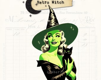 Retro Witch with Black Cat PNG: Halloween Clip Art (Digital Download)