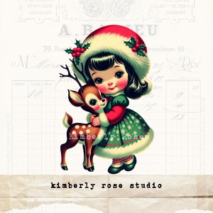 Fille de Noël kitsch rétro serrant dans ses bras renne Clip Art pour collage/Journal indésirable/découpes difficiles/Image PNG/Noël Clip Art No 7/Kitschmas