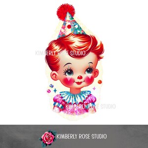 Clip art de payaso de fiesta retro kitsch con confeti brillante/cortes delicados/imagen PNG/clip art de cumpleaños