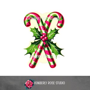 May include: Two red and white candy canes crossed over each other with green holly leaves and red berries in the centre.