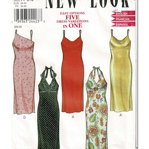 Könnte beinhalten: New Look Schnittmuster 6035 für fünf Kleider-Variationen in Größe A 8-18. Der Umschlag zeigt Illustrationen von fünf verschiedenen Kleidern, darunter ein einseitiges, rosafarbenes Blumenkleid, ein rotes Kleid, ein gelbes Kleid, ein grünes, gepunktetes Neckholder-Kleid und ein geblümtes Neckholder-Kleid.