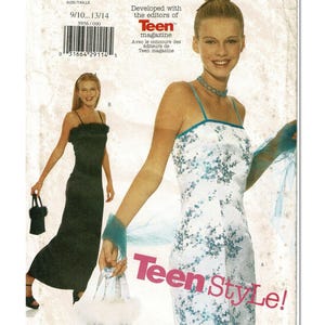 May include: Butterick 5956 sewing pattern envelope featuring Teen Style! text. The image displays two dress variations: a short white dress with blue floral patterns and a long black dress with faux fur trim, both with spaghetti straps.