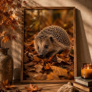 May include: A framed wall art print featuring a detailed photograph of a brown hedgehog walking through a bed of fallen autumn leaves. The image captures the hedgehog's textured quills and dark eyes, set against a warm, golden-toned forest floor.