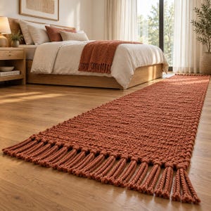 Terracotta Flatweave Runner Rug | Chunky Textured Fringe Carpet, Warm Rust Hallway & Bedroom Decor