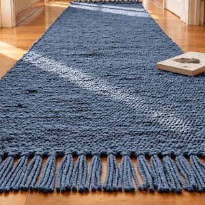Blue Flatweave Runner Rug | Chunky Textured Hallway Carpet with Fringe, Modern Bedroom & Boho Home Decor