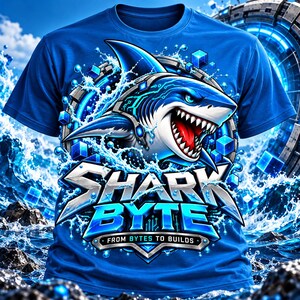 May include: A bright blue t-shirt featuring a graphic of a mechanical shark emerging from water with blue digital cubes. The text reads SHARK BYTE and FROM BYTES TO BUILDS in a metallic font. The design includes splashing water and a circular portal.