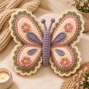 May include: A crochet butterfly pillow featuring a central lavender body with antennae, and wings layered in cream, pink, and sage green. The wings are decorated with small pink and yellow crocheted flowers and lavender accents, finished with a scalloped edge.