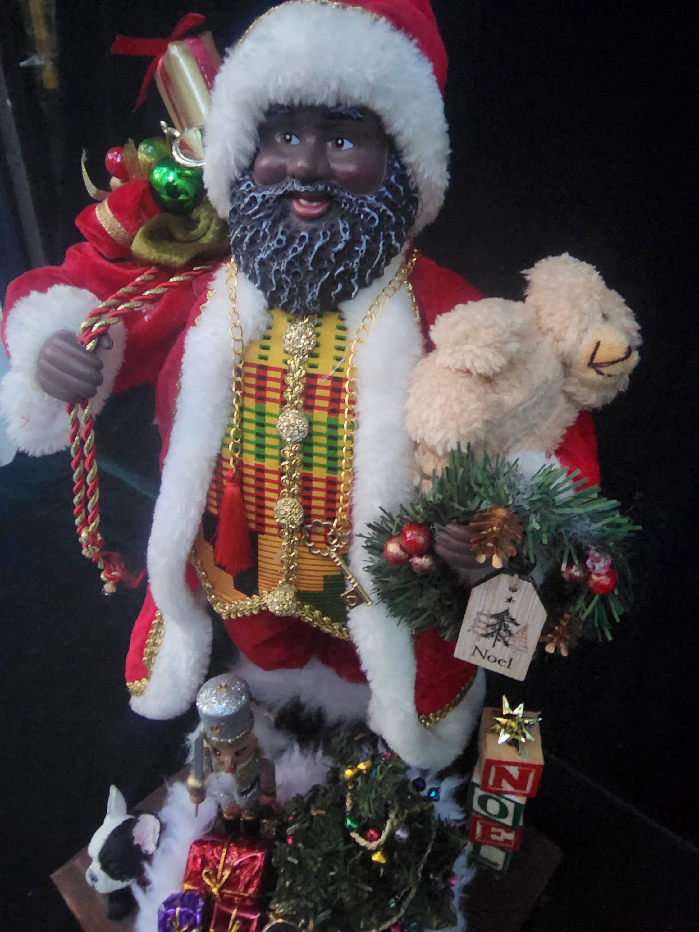 Handmade African American Santa Art Doll: Kente Vest Christmas