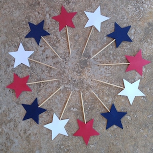 12 Party Picks Cupcake Toppers,Appetizer Picks, Patriotic Red, White & Blue Stars, 4th of July party, Memorial Day Party, Patriotic Party