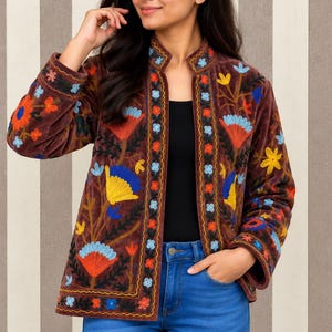 Suzani Velvet Embroidered Jacket – Handmade Indian Boho Coat, Vintage Style Festival Jacket, Women’s Ethnic Embroidered Outerwear MG94