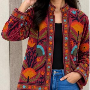 Suzani Velvet Embroidered Jacket – Handmade Indian Boho Coat, Vintage Style Festival Jacket, Women’s Ethnic Embroidered Outerwear MG90