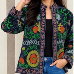 Suzani Velvet Embroidered Jacket – Handmade Indian Boho Coat, Vintage Style Festival Jacket, Women’s Ethnic Embroidered Outerwear MG93