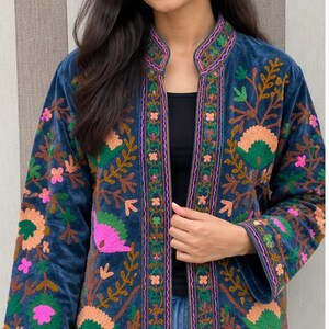 Suzani Velvet Embroidered Jacket – Handmade Indian Boho Coat, Vintage Style Festival Jacket, Women’s Ethnic Embroidered Outerwear MG105