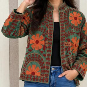 Suzani Velvet Embroidered Jacket – Handmade Indian Boho Coat, Vintage Style Festival Jacket, Women’s Ethnic Embroidered Outerwear MG85