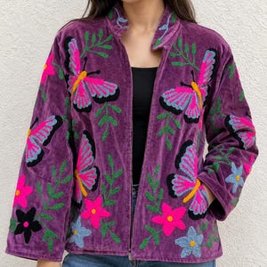 Suzani Velvet Embroidered Jacket – Handmade Indian Boho Coat, Vintage Style Festival Jacket, Women’s Ethnic Embroidered Outerwear MG110