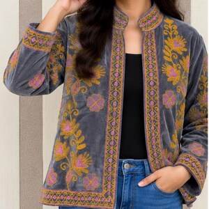 Suzani Velvet Embroidered Jacket – Handmade Indian Boho Coat, Vintage Style Festival Jacket, Women’s Ethnic Embroidered Outerwear MG87