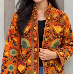 Suzani Velvet Embroidered Jacket – Handmade Indian Boho Coat, Vintage Style Festival Jacket, Women’s Ethnic Embroidered Outerwear MG96