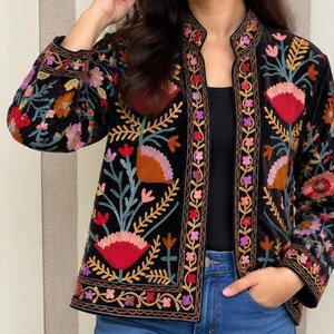 Suzani Velvet Embroidered Jacket – Handmade Indian Boho Coat, Vintage Style Festival Jacket, Women’s Ethnic Embroidered Outerwear MG76