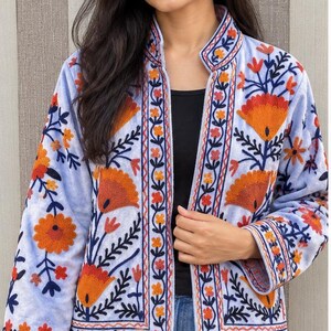 Suzani Velvet Embroidered Jacket – Handmade Indian Boho Coat, Vintage Style Festival Jacket, Women’s Ethnic Embroidered Outerwear MG84