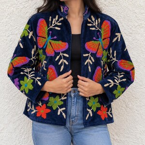 Suzani Velvet Embroidered Jacket – Handmade Indian Boho Coat, Vintage Style Festival Jacket, Women’s Ethnic Embroidered Outerwear MG112