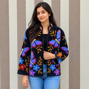 Suzani Velvet Embroidered Jacket – Handmade Indian Boho Coat, Vintage Style Festival Jacket, Women’s Ethnic Embroidered Outerwear MG109
