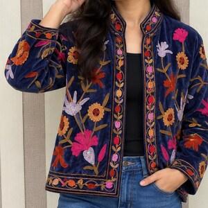 Suzani Velvet Embroidered Jacket – Handmade Indian Boho Coat, Vintage Style Festival Jacket, Women’s Ethnic Embroidered Outerwear MG77