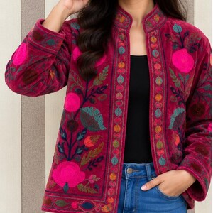 Suzani Velvet Embroidered Jacket – Handmade Indian Boho Coat, Vintage Style Festival Jacket, Women’s Ethnic Embroidered Outerwear MG91