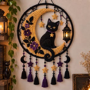May include: A circular wall hanging featuring a crocheted yellow crescent moon with purple flowers and a black cat sitting on it. The piece includes a hanging lantern, dangling stars, black and purple beads, and tassels suspended from the bottom.