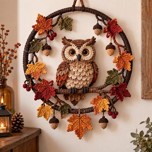 Op de afbeelding: Een ronde wandhanger met een gehaakte bruine uil die op een tak binnen een donkerbruine ring zit. Het stuk is versierd met gehaakte herfstbladeren in rood, oranje en groen, samen met kleine gehaakte eikeltjes en besjes.