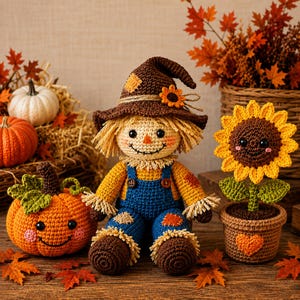 May include: A crocheted scarecrow doll wearing a brown hat and blue overalls, positioned between a crocheted orange pumpkin with a smiling face and a crocheted sunflower in a brown pot with an orange heart detail, all on a wooden surface.