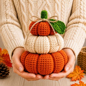 May include: A stacked crochet pumpkin decoration featuring three tiers in orange and cream colours. The top pumpkin has a green stem and a single green leaf, with a thin brown twine bow tied around the stem. The texture is visible throughout.