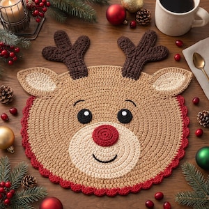 May include: A round, crocheted reindeer placemat featuring a tan face, a bright red nose, dark brown antlers, and cream-coloured inner ears. The placemat is finished with a scalloped red border and includes black embroidered eyes and a smile.
