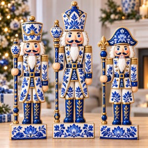 May include: Three decorative nutcracker figures featuring a white and blue floral pattern with gold accents. Each figure stands on a rectangular base decorated with a blue lotus design, wearing a uniform with epaulets and holding a tall staff.