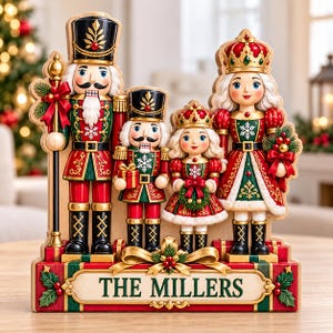 May include: A wooden nutcracker family figurine set featuring two adult figures and two child figures in red and green uniforms with gold accents. The base is decorated with holly leaves and the text THE MILLERS in a central cream-coloured plaque.