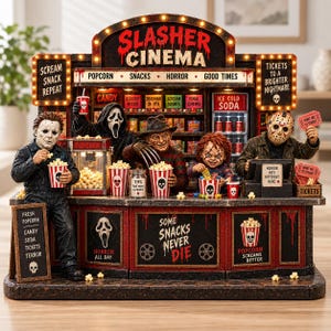 May include: A Slasher Cinema miniature display featuring iconic horror characters at a concession stand. The structure includes illuminated signage, a popcorn machine, candy boxes, and a ticket booth. Characters include Michael Myers, Ghostface, Freddy Krueger, Chucky, and Jason Voorhees, all holding snacks and tickets.