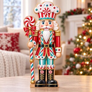 Könnte beinhalten: Eine dekorative Nussknacker-Figur im Süßigkeiten-Design mit einer Farbpalette in Rot, Weiß und Türkis. Die Figur trägt eine Kochmütze, hält einen großen rot-weißen Pfefferminz-Lutscher als Stab und zeigt detaillierte, bonbonartige Verzierungen.