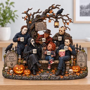 Könnte beinhalten: Eine dekorative Horror-Figurengruppe mit bekannten Filmcharakteren, die auf einer Bank unter einem Baum sitzen. Die Szene umfasst Grabsteine mit Inschriften, Kürbisse und Figuren, die Tassen mit verschiedenen Textaufdrucken halten.