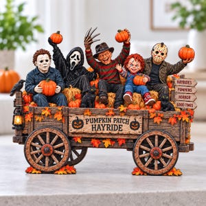 May include: A decorative wooden wagon figurine featuring five horror movie characters sitting on hay bales, holding orange pumpkins. The wagon side displays the text PUMPKIN PATCH HAYRIDE, and a sign on the right lists HAYRIDES, PUMPKINS, HORROR, GOOD TIMES.